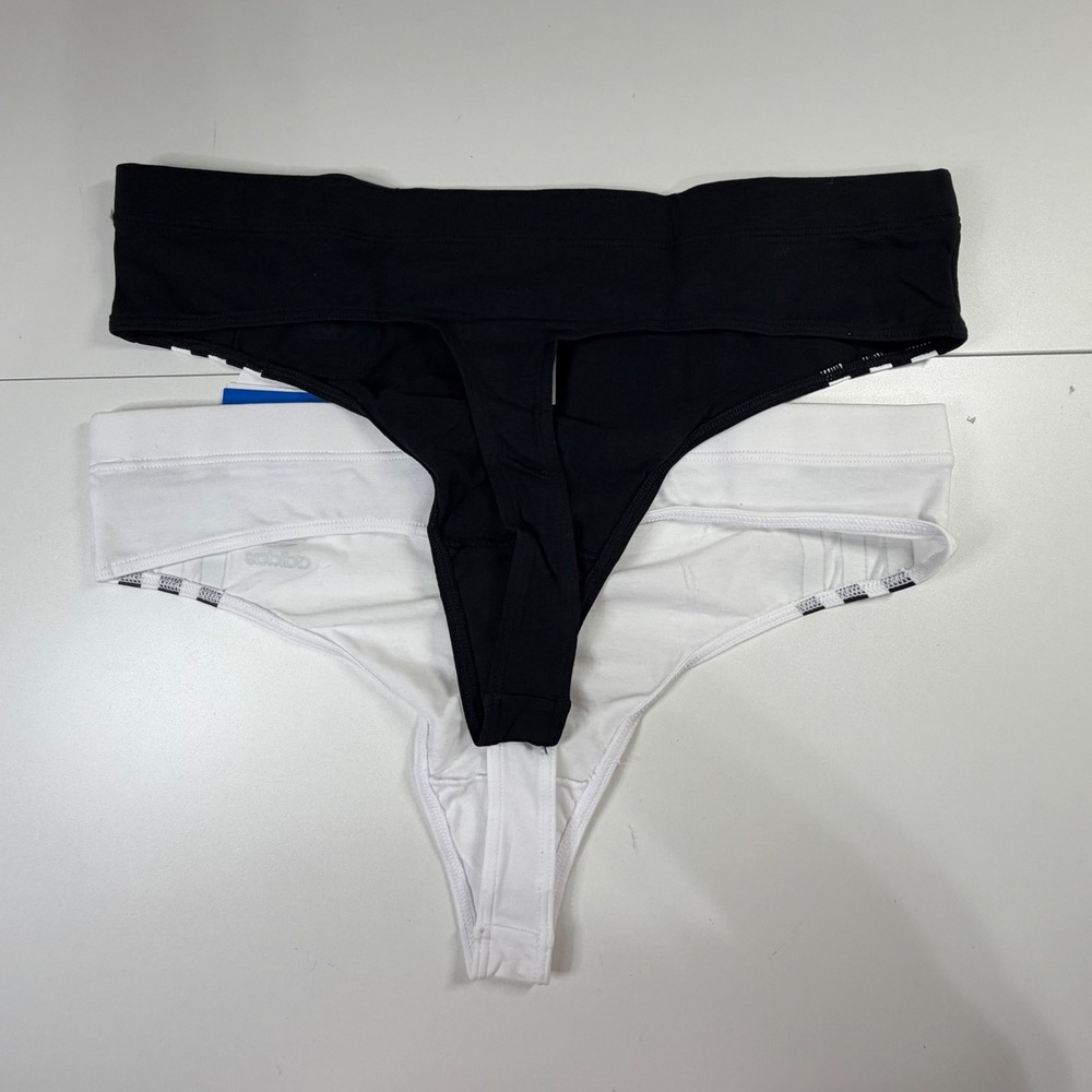 Adidas Originals 2-Pack Wide Side Thong Women M Black White 3-Stripe Trefoil - Picture 2 of 4